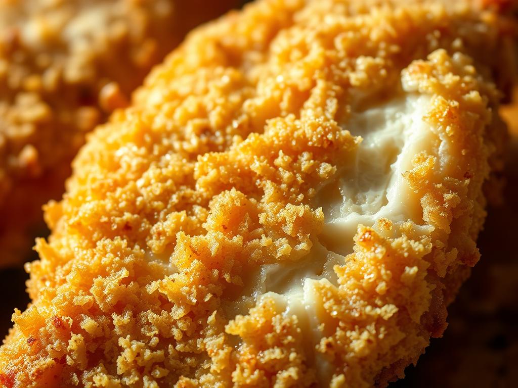 Crisp, golden-brown chicken texture with a delicate, crunchy exterior. Close-up view showcasing the intricate patterns and ridges, highlighting the meticulous breading technique. Soft, moist interior visible through the perfectly crisped surface. Dramatic side lighting casts shadows that accentuate the textural details. Shot with a macro lens, using a shallow depth of field to draw the viewer's attention to the focal point. Warm, appetizing color palette evokes the comforting flavors of a perfectly cooked Parmesan-crusted chicken dish.