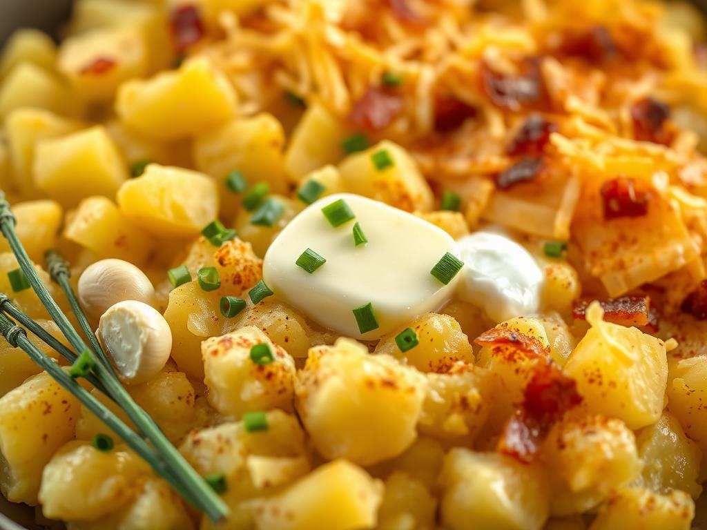 Crisp golden-brown potatoes, freshly mashed and dotted with creamy butter, nestled among a vibrant assortment of aromatic ingredients. In the foreground, juicy garlic cloves, fragrant chives, and tangy sour cream sit atop the fluffy potato base. The middle ground showcases shredded cheddar cheese, glistening with a melted, bubbly texture. In the background, a dusting of fragrant paprika and a subtle hint of crumbled bacon add depth and complexity to the scene. Soft, warm lighting casts a comforting glow, capturing the inviting essence of this twice-baked mashed potato dish.