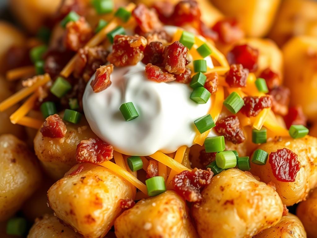 Crisp golden tater tots piled high with sizzling bacon bits, melted cheddar cheese, tangy sour cream, and fresh chives. A mouthwatering close-up shot, captured in warm, soft lighting that highlights the textures and colors of these essential loaded potato bite ingredients. The composition should be balanced, drawing the viewer's eye to the center of the frame where the tots are positioned. Shoot at a slight angle to create depth and dimension, with a slightly blurred background to keep the focus on the star of the dish.