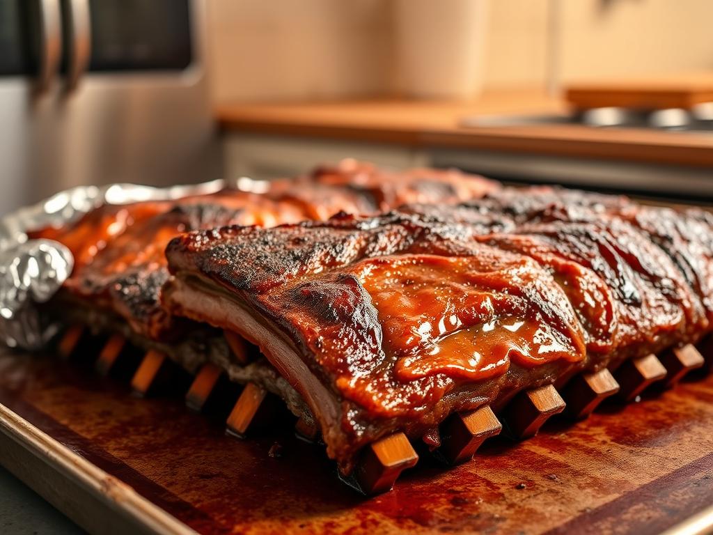 Delectable foil-wrapped beef ribs, slow-roasted to perfection with a golden-brown exterior and a succulent, fall-off-the-bone interior. Neatly arranged on a rustic baking sheet, the ribs glisten under warm, directional lighting, casting subtle shadows that accentuate their tender texture. In the background, a simple, minimalist kitchen setting with hints of stainless steel and wood tones provides a clean, contemporary backdrop, allowing the star of the dish to take center stage. The overall mood is one of mouthwatering anticipation, inviting the viewer to imagine the savory aroma and the satisfying first bite of these irresistible oven-baked beef ribs.