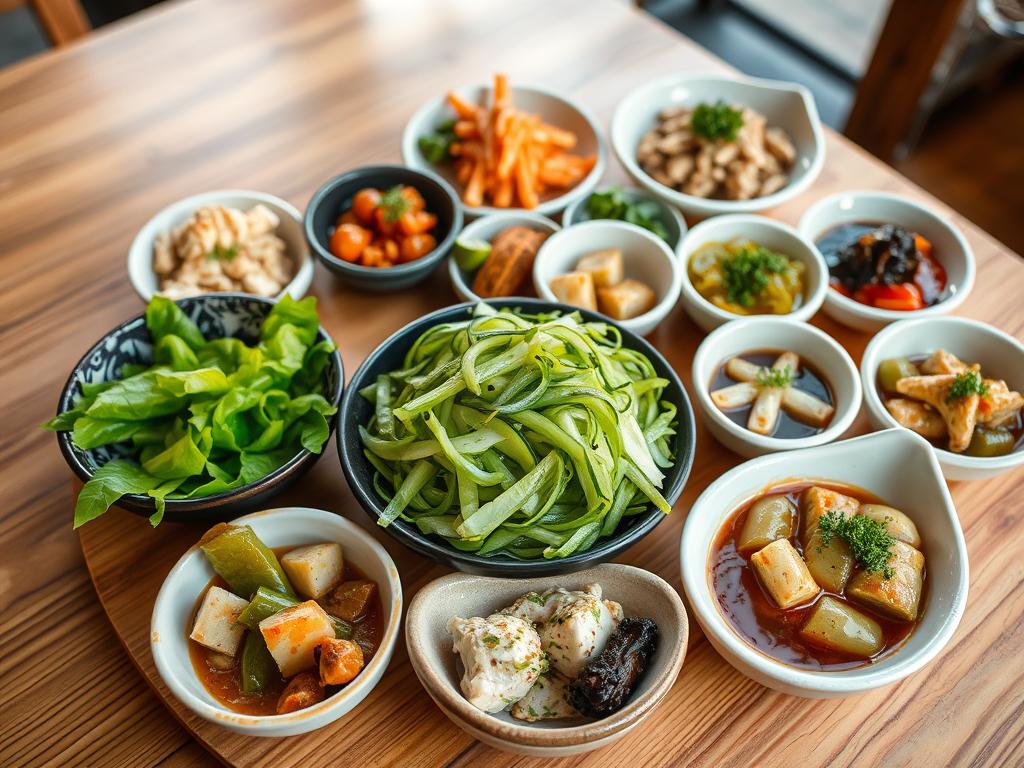 Delicate array of Korean side dishes, elegantly presented on a natural wooden table. A visually striking composition, with vibrant green cucumber salad as the centerpiece, surrounded by an array of pickled vegetables, savory fermented sauces, and aromatic herb garnishes. Warm, diffused lighting casts a soft, inviting glow, accentuating the textures and colors. The scene is captured with a wide, shallow depth of field, drawing the viewer's eye to the harmonious arrangement of flavors and textures. An atmosphere of rustic sophistication, inviting the viewer to savor the flavors of authentic Korean cuisine.