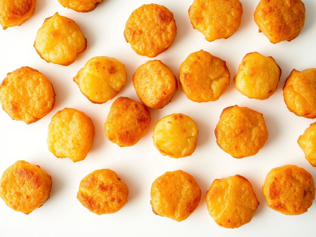 Detailed, high-resolution image of crispy potato bites against a clean, white background. The bites are arranged in a neat, symmetrical pattern, showcasing their golden-brown, perfectly crisped exteriors. Soft, natural lighting from the side creates highlights and shadows that accentuate the textured surface. A simple, elegant composition that draws the viewer's attention to the nutritional information label prominently displayed alongside the bites. The label features a clear, legible design with key nutritional facts presented in a clear, easy-to-read format.