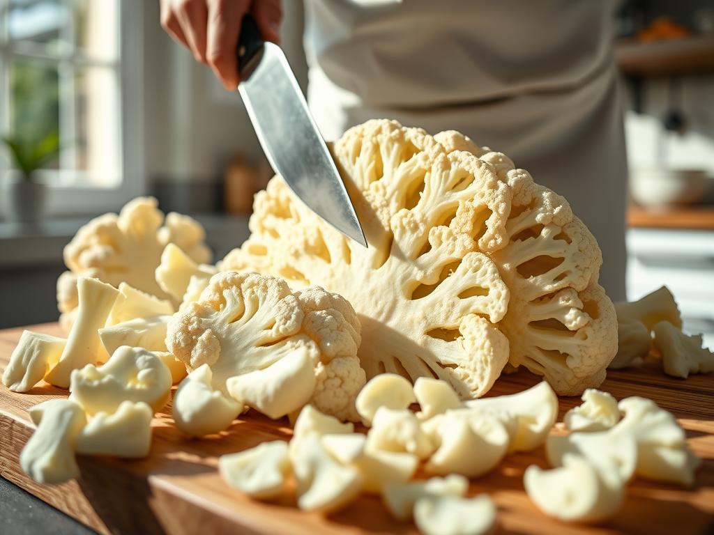 Slicing cauliflower steaks, crisp and even, in a bright, airy kitchen. A sharp chef's knife glides through the dense, ivory florets, revealing tender cross-sections. Florets cascade onto a wooden cutting board, light streaming in from a large window, casting dramatic shadows. The cauliflower steaks take center stage, their grooved, geometric patterns accentuated by careful slicing. A sense of precision and culinary expertise pervades the scene, inviting the viewer to imagine the delicious, nutritious meal to come.