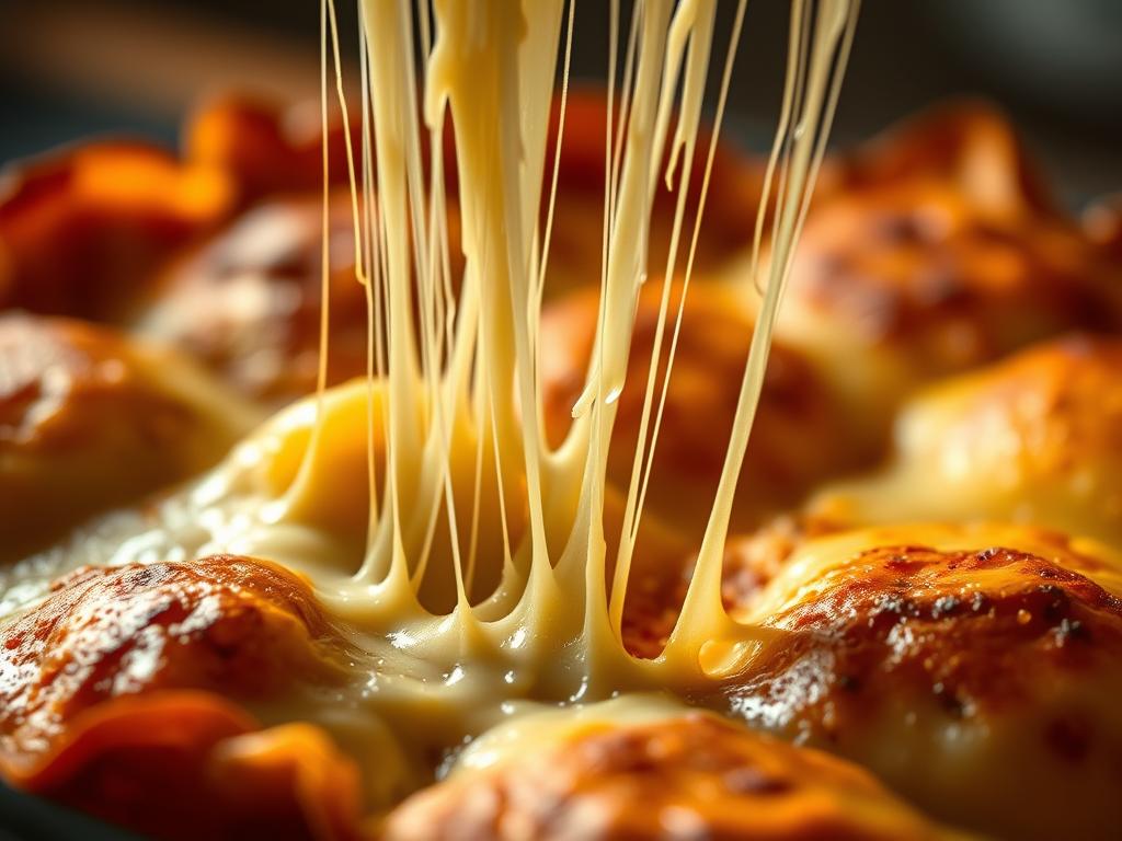 Smooth, gooey cheese pull emerging from a golden brown, crispy-edged baked ravioli casserole, captured in a high-resolution, close-up photograph with a shallow depth of field. Warm, inviting lighting from above casts soft shadows, highlighting the stringy, melted texture of the cheese. The ravioli edges are visible, contrasting with the luscious cheese for a mouthwatering visual. The camera angle is slightly tilted, creating a dynamic, appetizing composition that showcases the perfect cheese pull, the ultimate hallmark of a delicious baked ravioli dish.