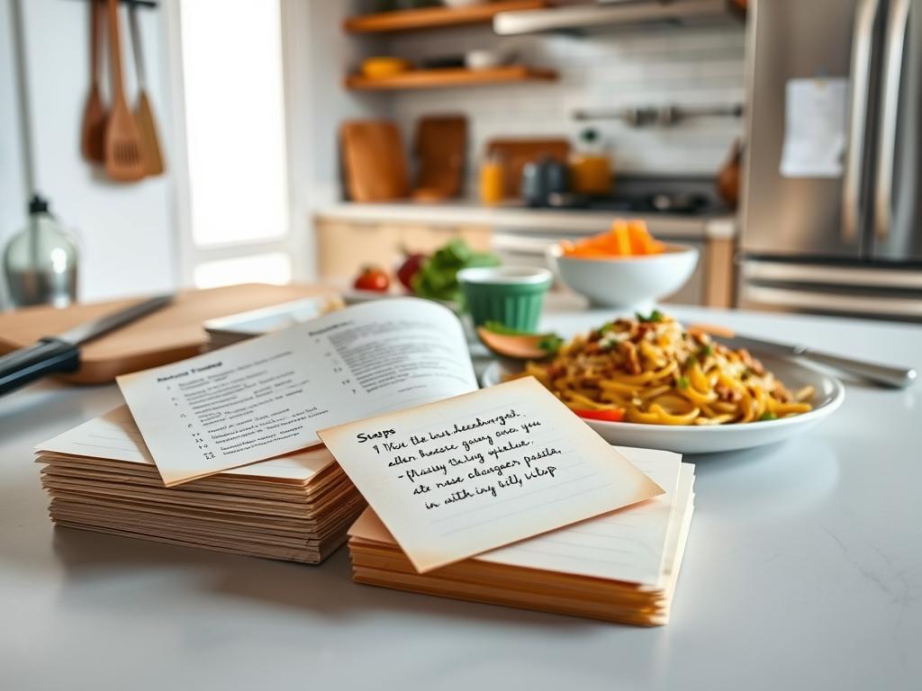 Step-by-step recipe instructions for a creamy cheeseburger pasta dish. A clean, well-lit kitchen counter with a wooden cutting board, various cooking utensils, and freshly prepared ingredients arranged neatly. In the foreground, a stack of index cards with handwritten step-by-step instructions, the pages slightly worn and creased, evoking a homemade, authentic feel. In the middle ground, an open cookbook with vibrant food photography, its pages casting soft, diffused lighting across the scene. The background features a tidy, modern kitchen with stainless steel appliances and bright, natural lighting flooding the space, creating an inviting, appetizing atmosphere.