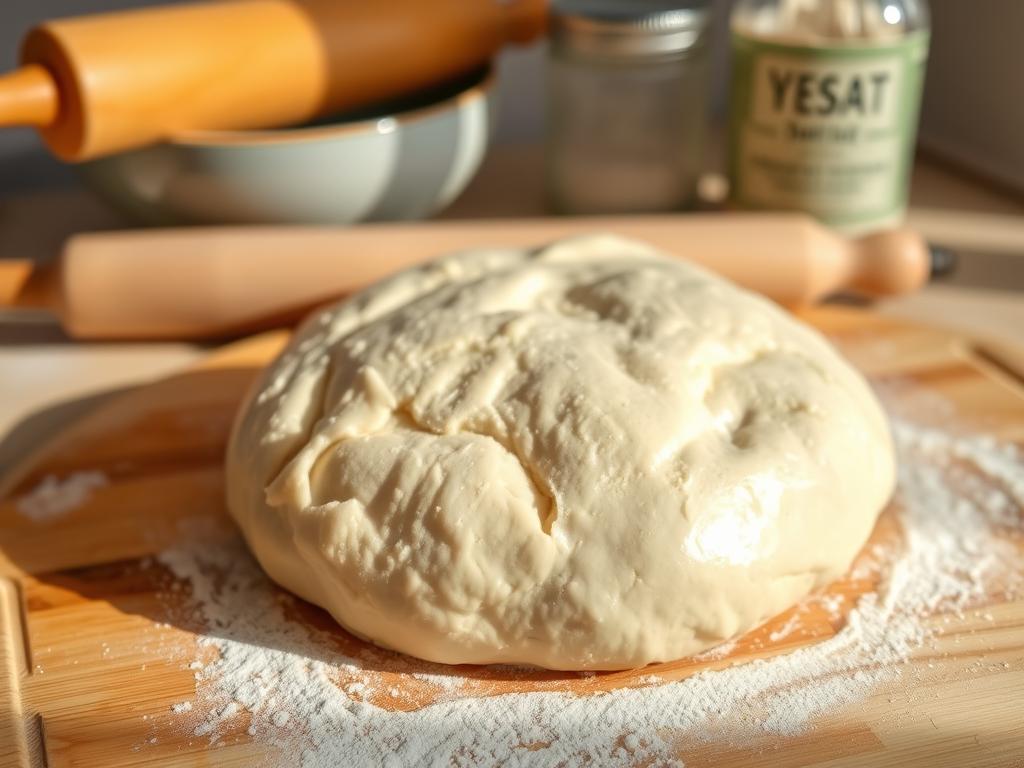 Yeast dough basics: A close-up view of freshly kneaded, lightly floured dough resting on a wooden cutting board. The dough has a soft, pillowy texture and a slight sheen, revealing the active yeast at work. In the background, a collection of baking tools - a rolling pin, a bowl, and a jar of yeast - adds context to the scene. Soft, natural lighting casts warm shadows, creating an inviting, homey atmosphere perfect for exploring the fundamentals of dough-making.
